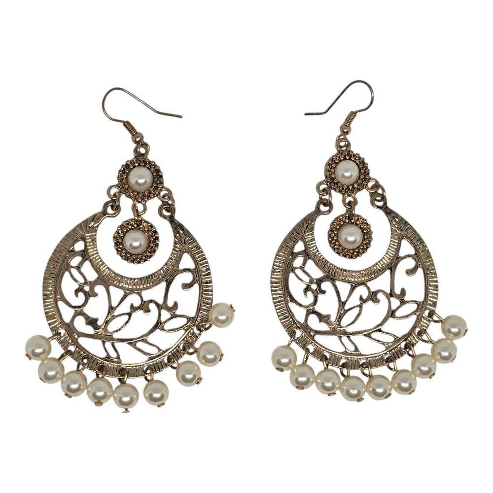 Gold Tone Filigree Faux Pearl Chandelier Earrings Boho Dangle Statement